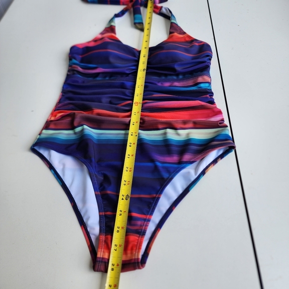 NWOT NOON SWIM Women's Halter 1 Piece Swimming Suit Striped Purple Red Sz 10 - Picture 12 of 16